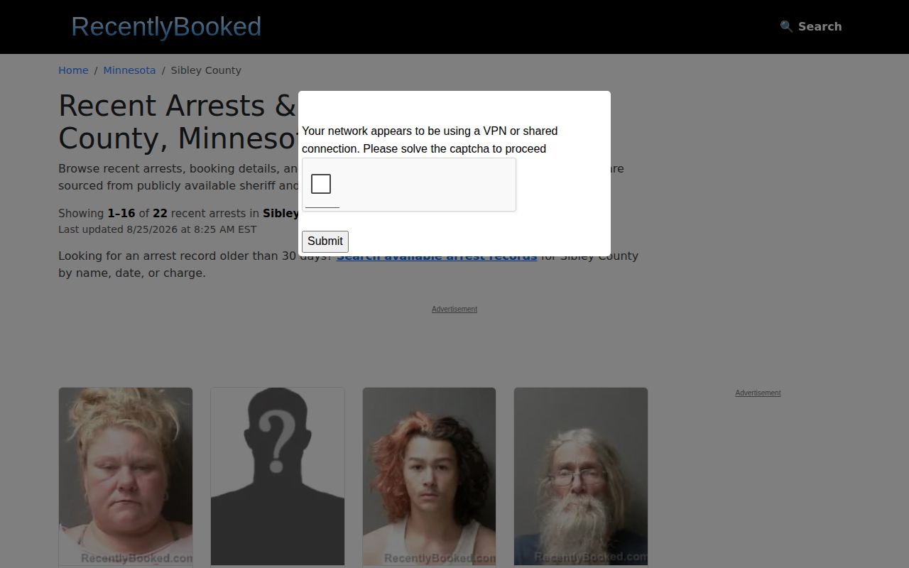 Unofficial Sibley County arrest listing source page