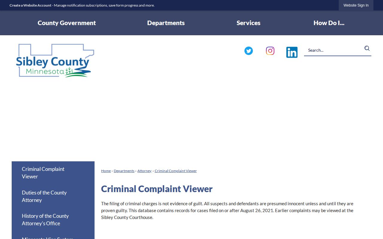 Sibley County criminal complaint viewer for booking record follow-up